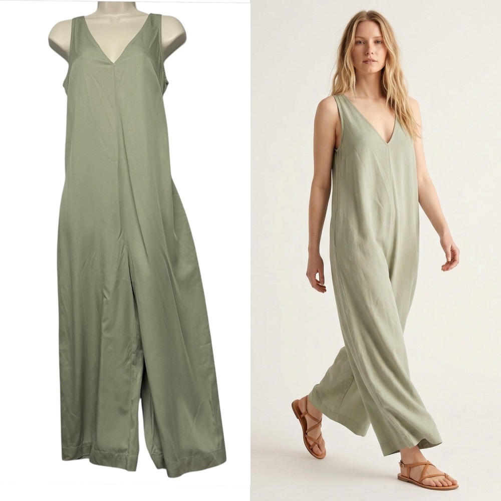 Womens Jumpsuit XS Wide Leg V Neck Sleeveless Pocket Lagenlook Minimalist Tie Ba